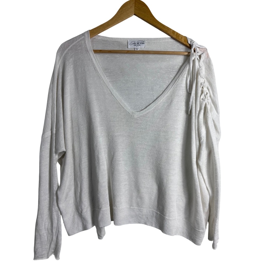 Feel The Piece Terre Jacobs White Linen Lace Up Shoulder V-Neck Sweater OS artsy